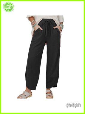 Wide Leg Harem Pants with Pockets, Elastic Waist, Cropped Palazzo